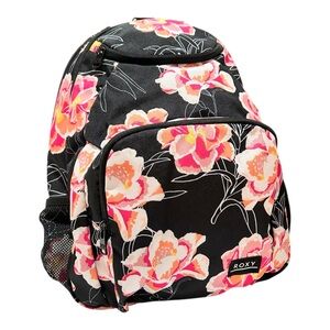 ROXY SWELL Backpack Black White Pink Orange Hawaiian Floral Design Zippers